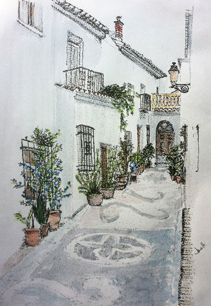 Frigiliana alley painted using watercolour