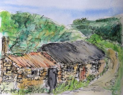 watercolour sketch of old cottages at Prussia Cove