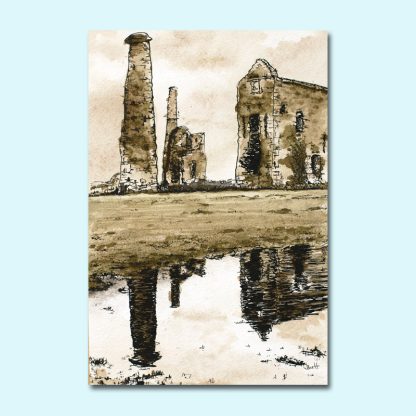 Sepia watercolour pen and ink painting of disused tin mines
