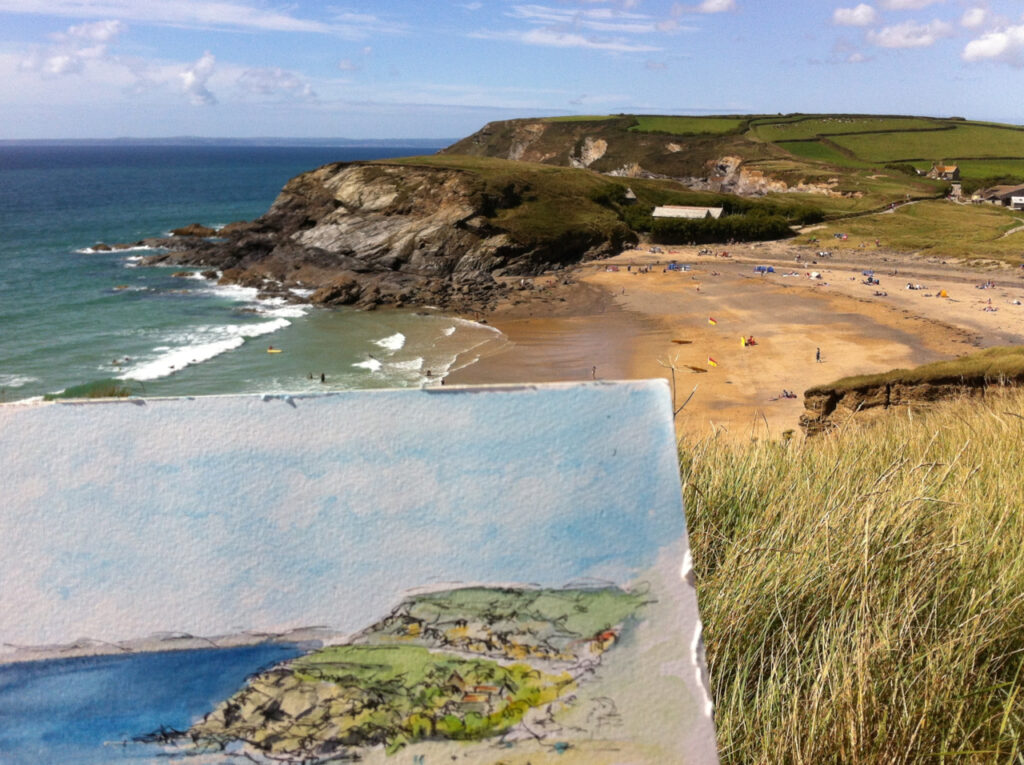 Watercolour painting of Gunwalloe Cove, with the Cove in the distance