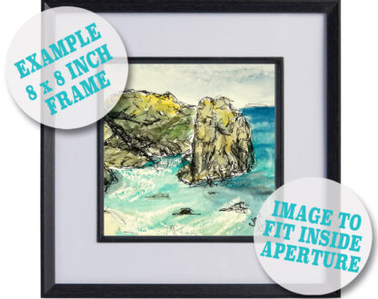 Greeting Card of Kynance Cove painting, inside a black frame