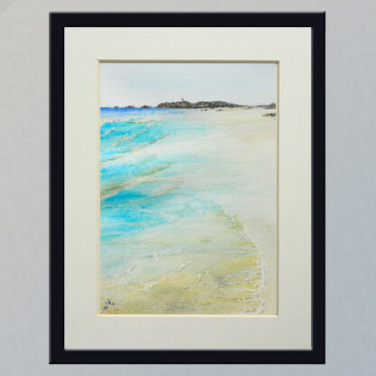 Painting: quiet Godrevy beach at low tide in a black frame