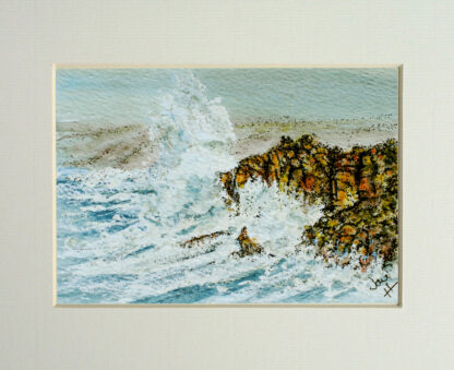 Painting of big waves at Lands End, inside a cream mount