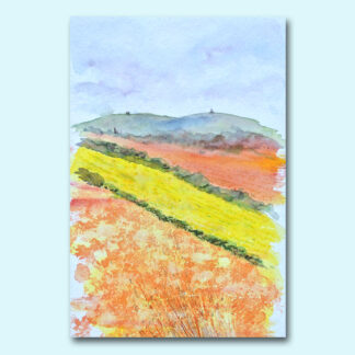 Watercolour painting looking over the fields to Carn Brea, with spring flowers in full bloom, including Daffodils