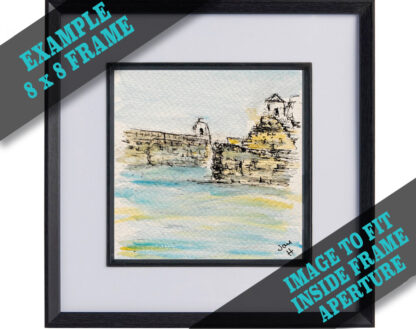 Greeting card of the entrance to Portreath Harbour, set inside a black frame
