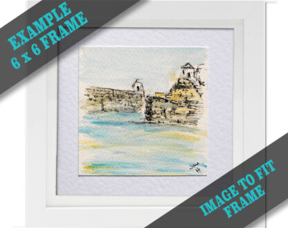 Greeting card of the entrance to Portreath Harbour, set inside a white frame