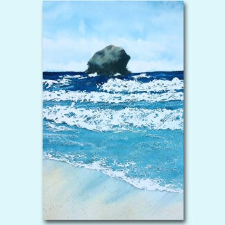 Watercolour painting of the surf and Gull Rock
