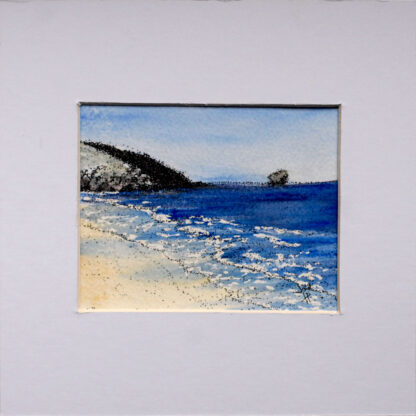 Watercolour painting of a quiet Portreath Beach, set inside a white mount