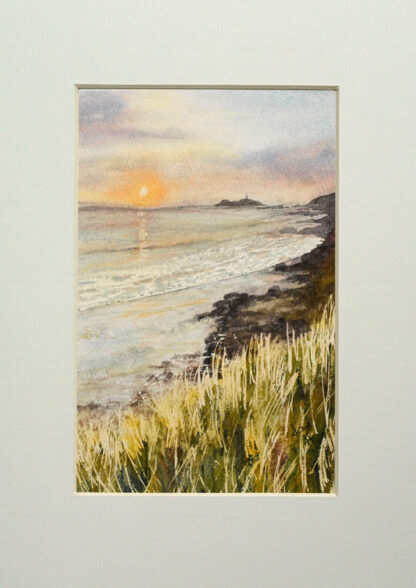 Illustration: Godrevy beach sunset, set inside a cream mount