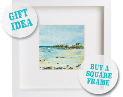 llustration: low tide at Fistral Beach, Newquay Greeting Card, inside a white frame