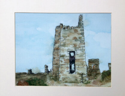 Watercolour painting of the Engine Houses at Wheal Coates, set inside a cream mount