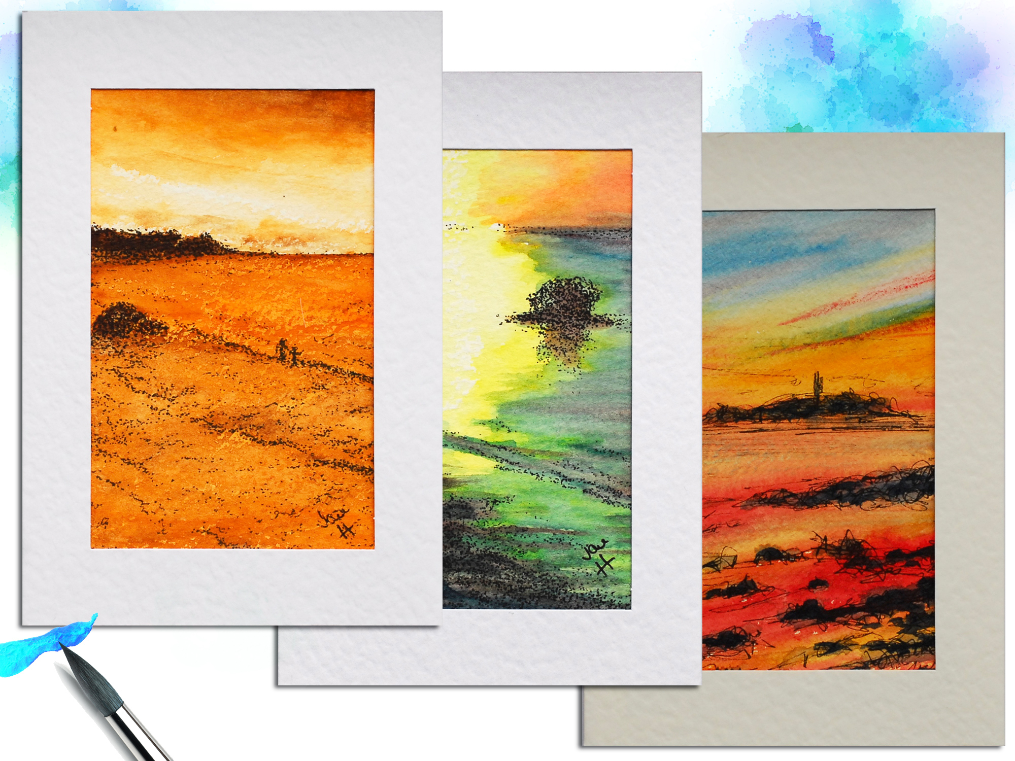 3 greeting cards of Cornish sunsets