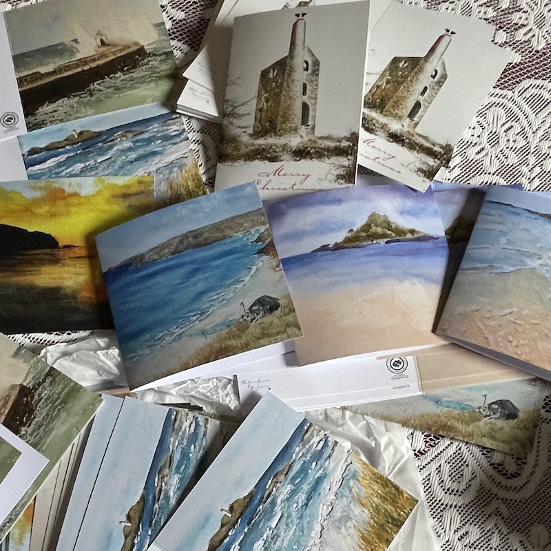 West Cornwall Greeting Cards spread all over the table